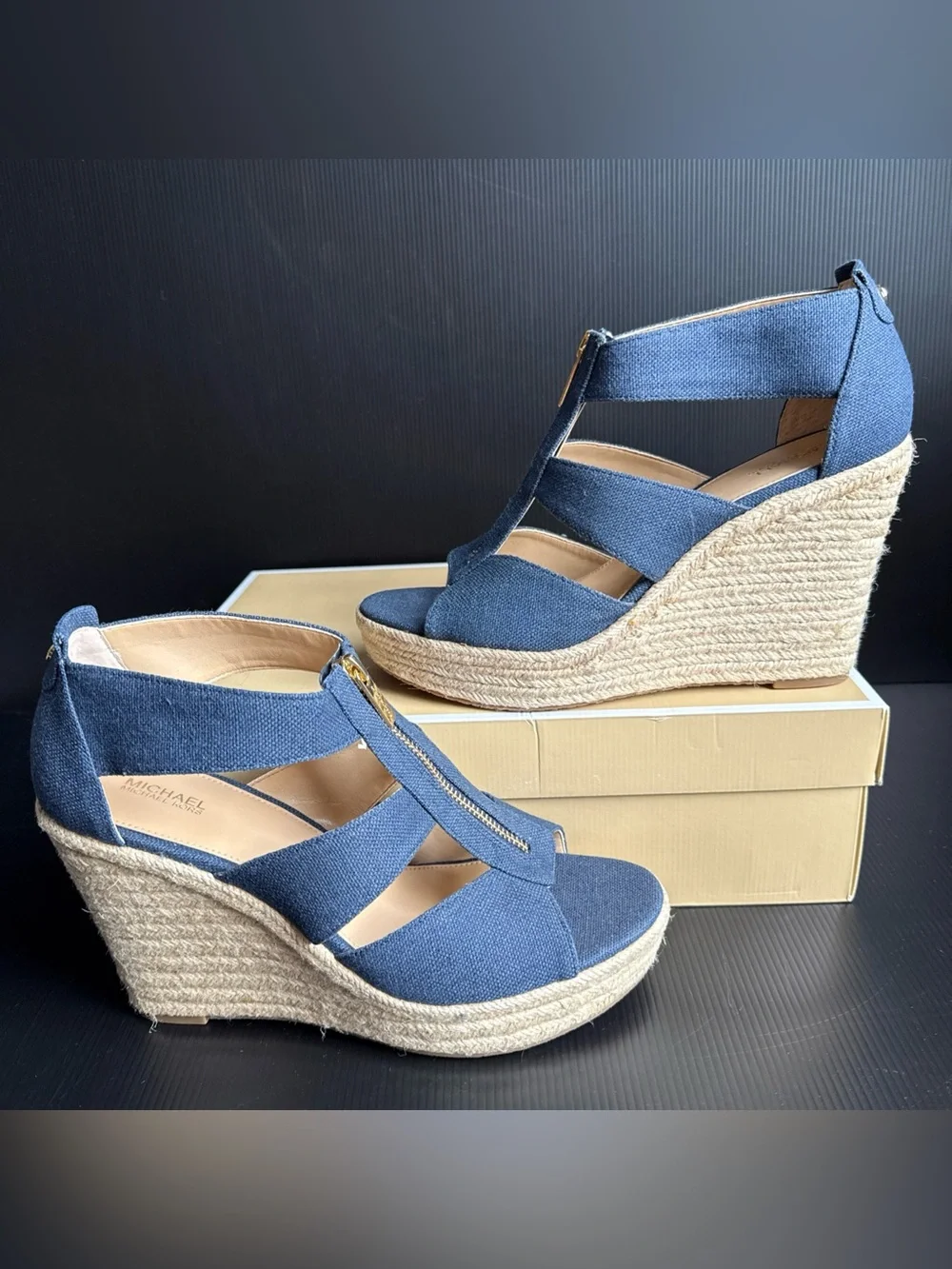 Pre-Owned Michael Kors Navy Canvas Damita Wedge Espadrille Women’s Size 9.5